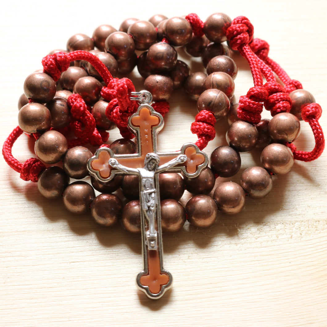 Red Paracord Copper Steel Beads Rosary