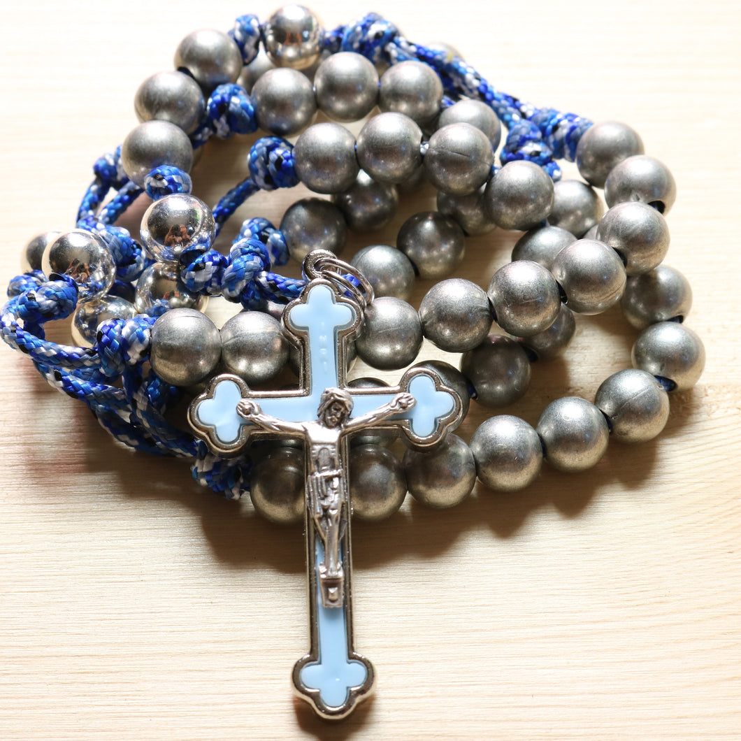 Camo Blue Paracord Silver Steel Beads Rosary