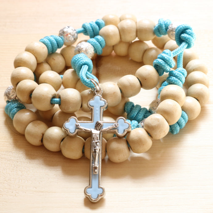 Aqua Paracord Natural Wood Beads Rosary