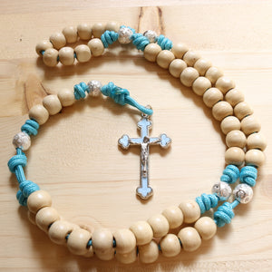 Aqua Paracord Natural Wood Beads Rosary