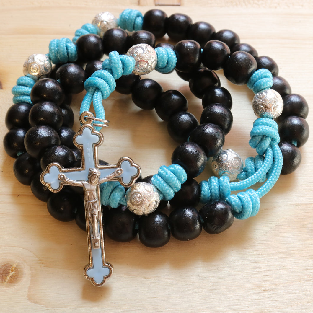 Aqua Blue Paracord Wood Black Beads Rosary