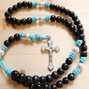 Aqua Blue Paracord Wood Black Beads Rosary