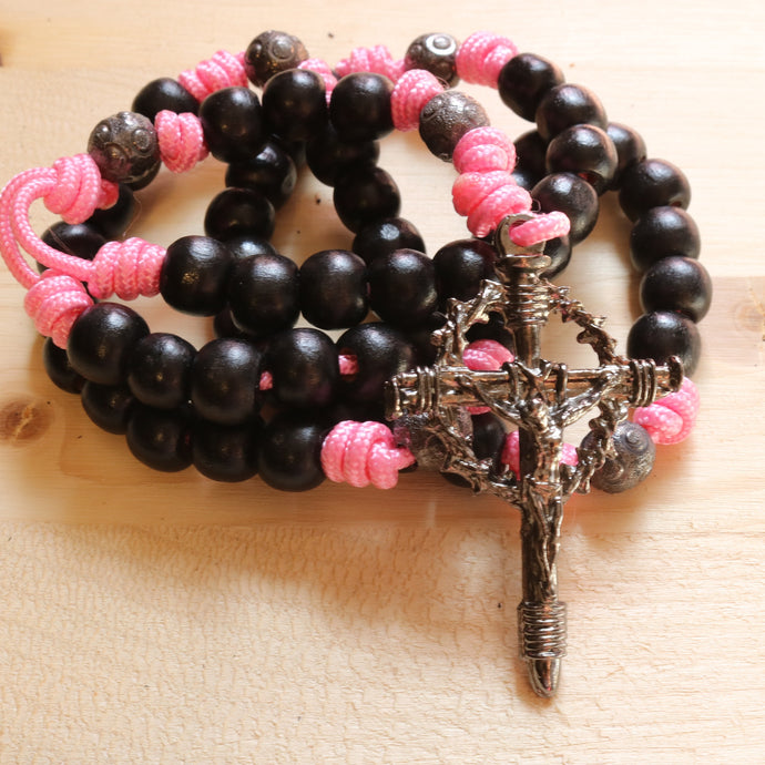 Pink Paracord Wood Black Beads Rosary