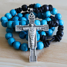 Load image into Gallery viewer, Black Paracord Wood Blue Beads Rosary