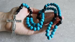 Black Paracord Wood Blue Beads Rosary