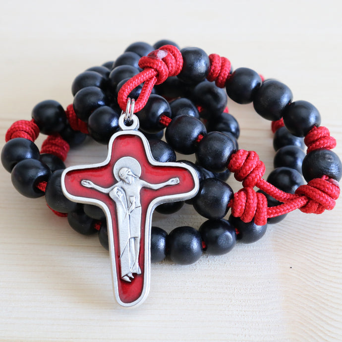 Red Paracord Black Wood Beads Rosary