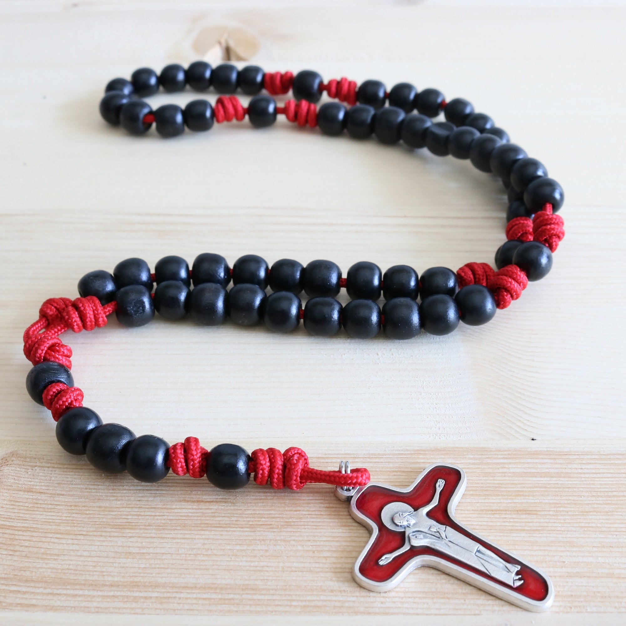 Black & Red Paracord Black & Red Wood Beads Rosary – Catholic Mercy