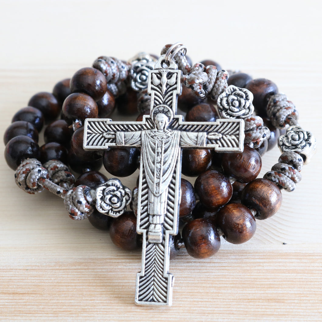 Camo Paracord Brown Wood & Rose Beads Rosary