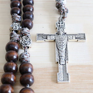 Camo Paracord Brown Wood & Rose Beads Rosary