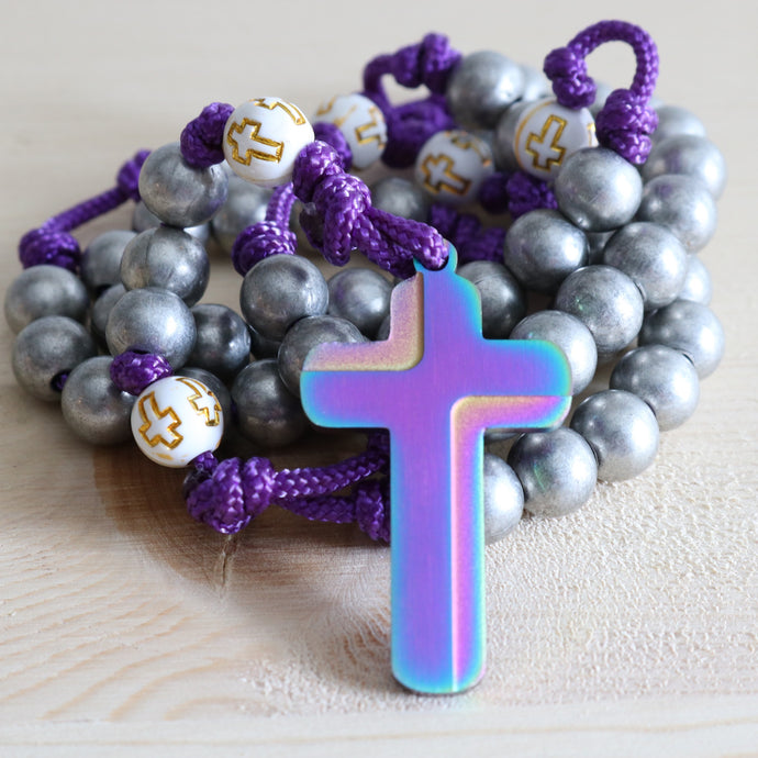 Purple Paracord Silver Steel Beads and Acrylic Beads with Crosses Rosary