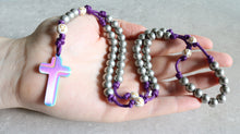 Load image into Gallery viewer, Purple Paracord Silver Steel Beads and Acrylic Beads with Crosses Rosary