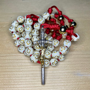 Red Paracord - Cream Acrylic Cross & Steel Gold Bead Rosary