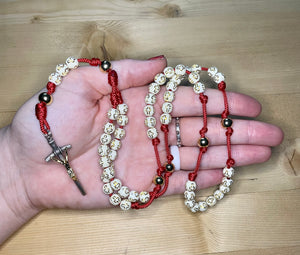 Red Paracord - Cream Acrylic Cross & Steel Gold Bead Rosary
