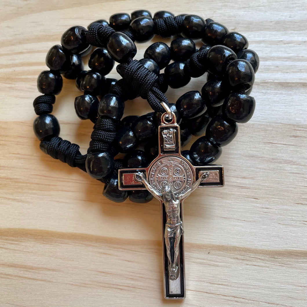 XL All Black Paracord Wood Bead Rosary