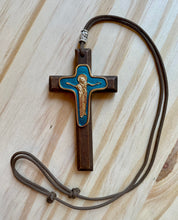 Load image into Gallery viewer, Brown Blue Enamel Wood Cross on Paracord