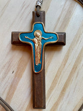 Load image into Gallery viewer, Brown Blue Enamel Wood Cross on Paracord