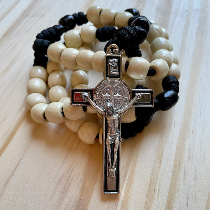 XL Cream & Black Paracord Wood Bead Rosary