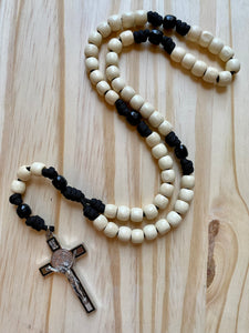 XL Cream & Black Paracord Wood Bead Rosary