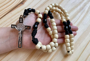 XL Cream & Black Paracord Wood Bead Rosary