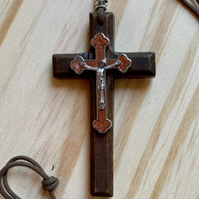 Load image into Gallery viewer, Brown Cloverleaf Wood Cross on Paracord