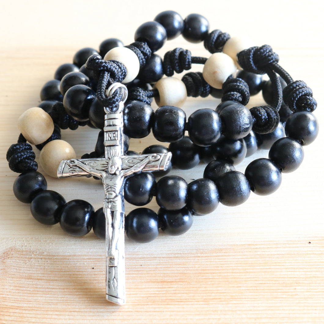 Black Paracord Black/Natural Wood Beads Rosary