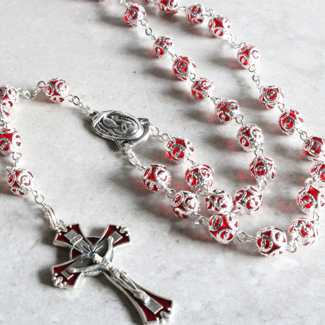 Red Metal Capped Rosary