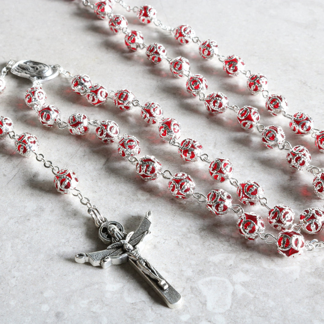 Red Metal Capped Rosary