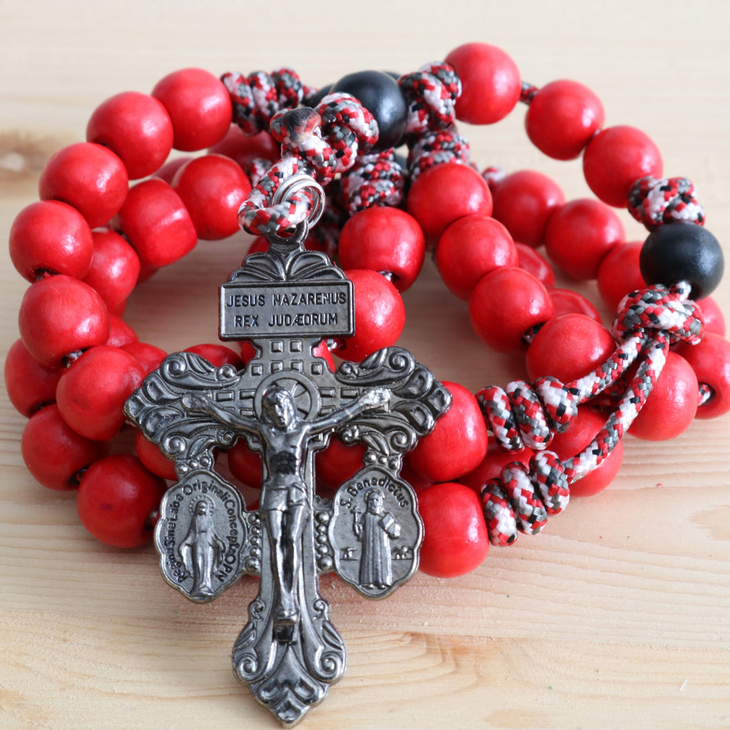 Red Camo Paracord Red Wood Beads Rosary