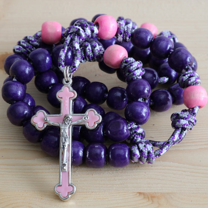 Purple Camo Paracord Purple/Pink Wood Beads Rosary
