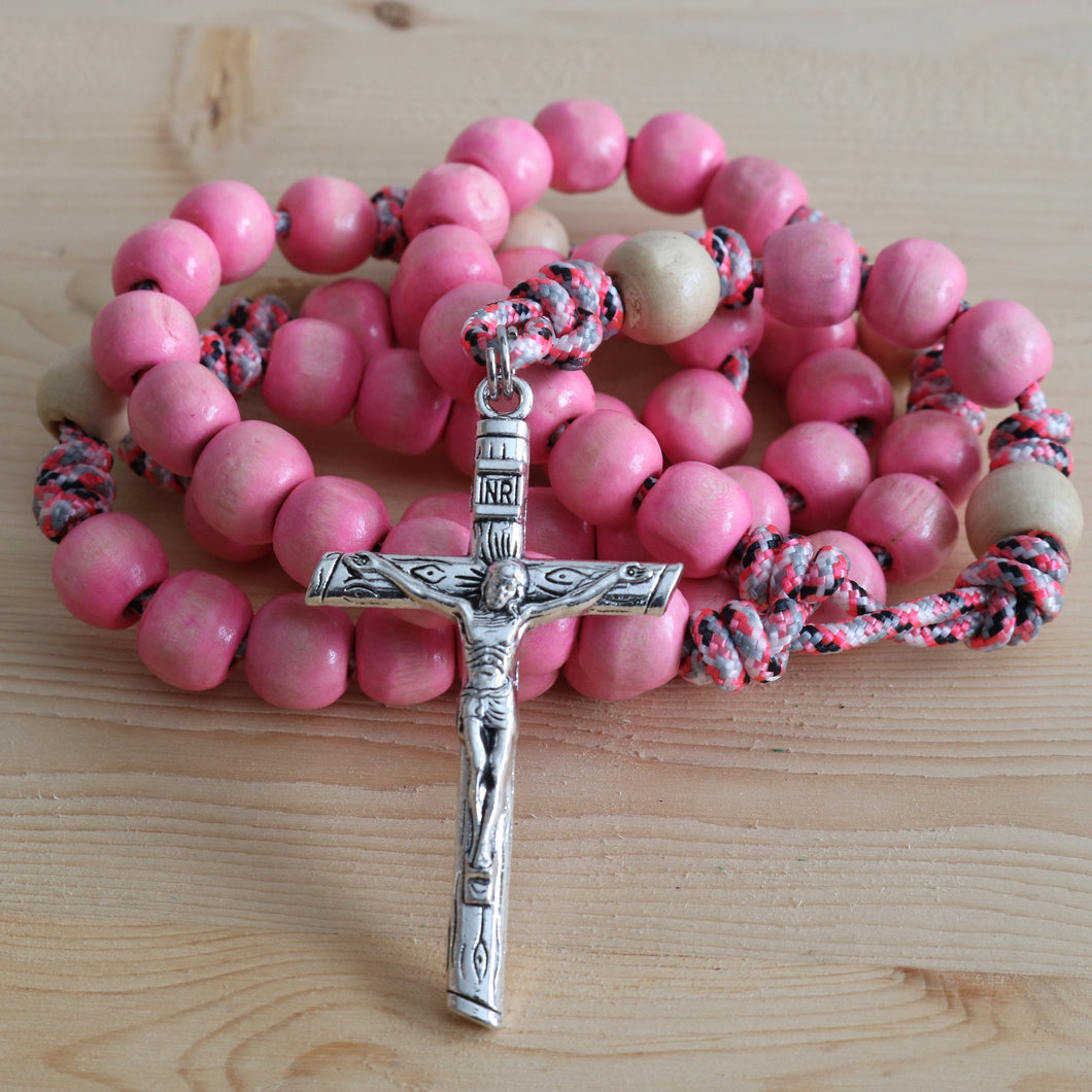 Pink Camo Paracord Pink/Natural Wood Beads Rosary