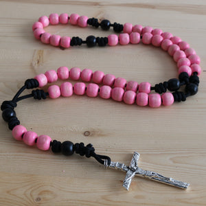 Black Paracord Pink/Black Wood Beads Rosary