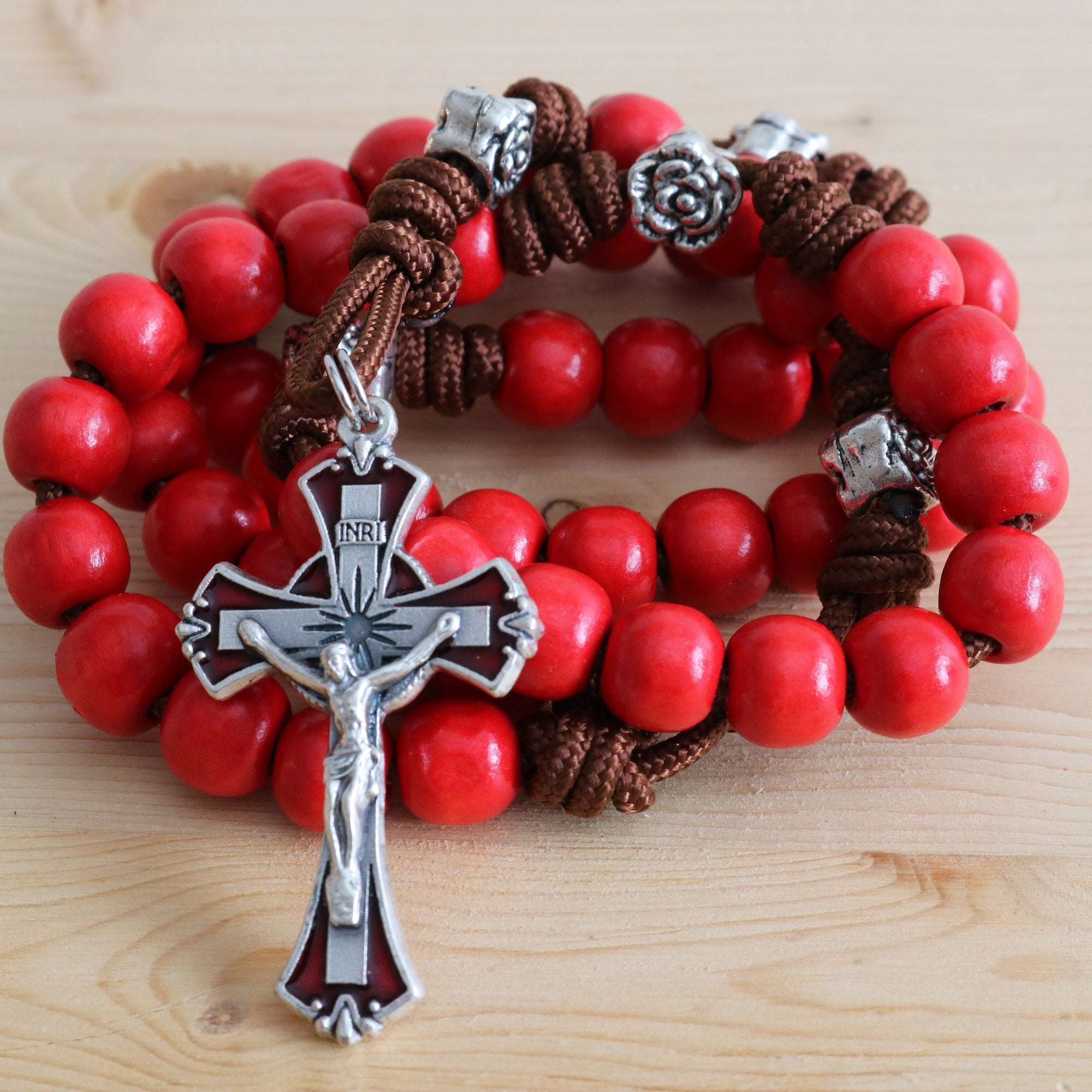 Brown Paracord Red Wood/Flower Beads Rosary – Catholic Mercy