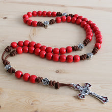 Load image into Gallery viewer, Brown Paracord Red Wood/Flower Beads Rosary
