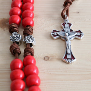 Brown Paracord Red Wood/Flower Beads Rosary