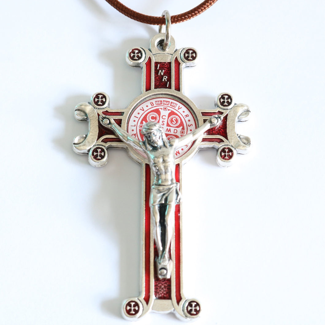 Large Unique Red St Benedict Crucifix - Paracord