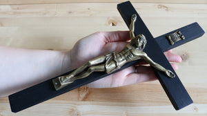 14" Bronze - Black Wood Standing Crucifix