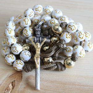 Cream Acrylic Cross & Steel Gold Bead Rosary