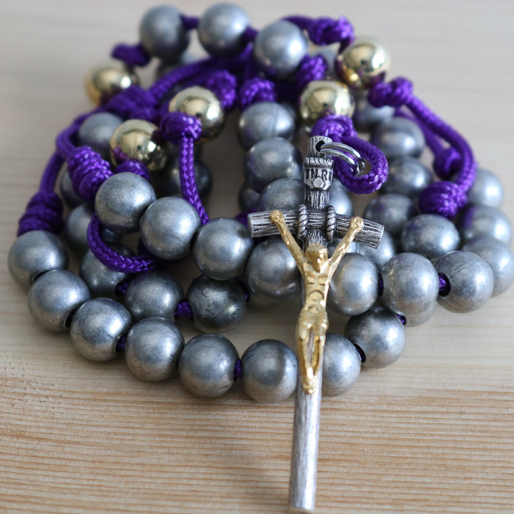Purple Paracord Gray & Gold Steel Bead Rosary