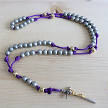 Load image into Gallery viewer, Purple Paracord Gray &amp; Gold Steel Bead Rosary