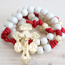 Load image into Gallery viewer, Red Paracord Natural Wood Gold Beads Rosary