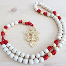 Load image into Gallery viewer, Red Paracord Natural Wood Gold Beads Rosary