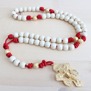 Red Paracord Natural Wood Gold Beads Rosary