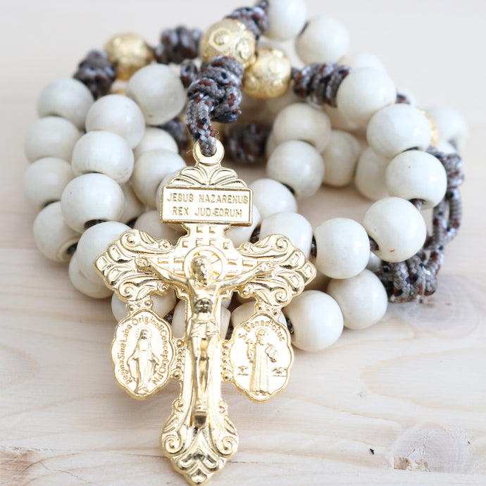 Camo Paracord Natural Wood Gold Beads Rosary