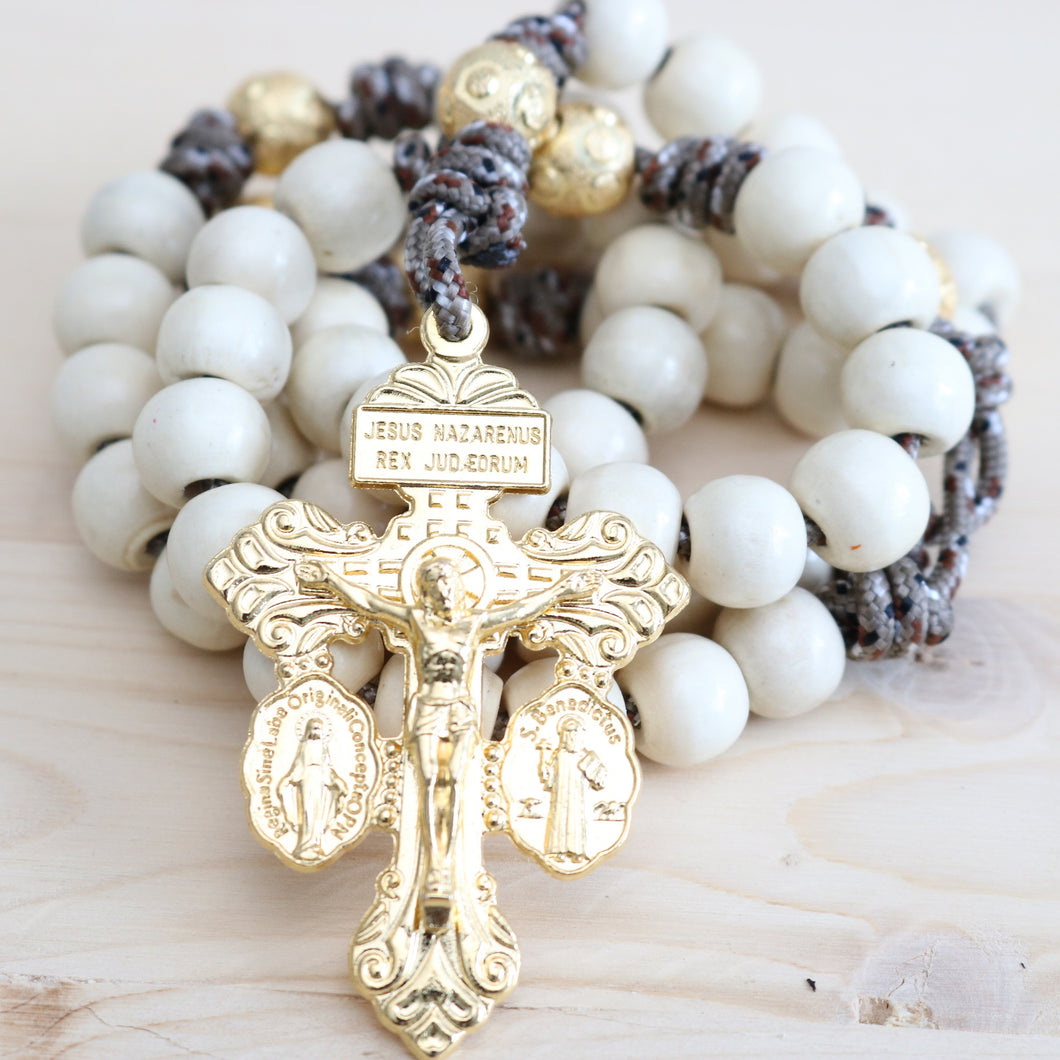 Camo Paracord Natural Wood Gold Beads Rosary
