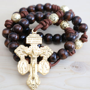 Brown Paracord Wood Gold Beads Rosary