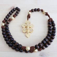 Load image into Gallery viewer, Brown Paracord Wood Gold Beads Rosary
