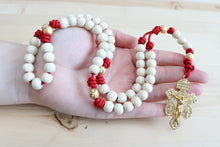 Load image into Gallery viewer, Red Paracord Natural Wood Gold Beads Rosary