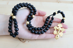 Black Paracord Wood Gold Beads Rosary