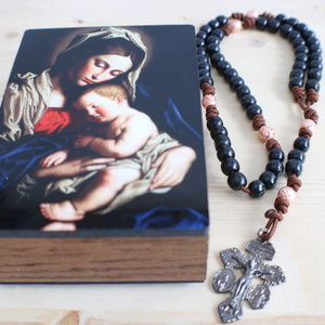 Brown Paracord Wood Black Bead Rosary with Keepsake Box