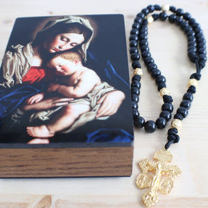 Black Paracord Wood Gold Beads Rosary with Keepsake Box